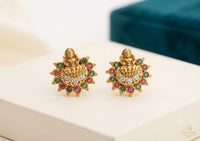 PUPAA Heritage Antique Gold Temple Lakshmi Medallion Stud Earrings with CZ Crescent & Kemp Halo Frame