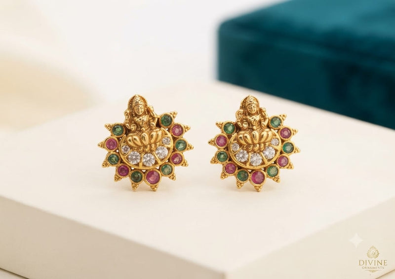PUPAA Heritage Antique Gold Temple Lakshmi Medallion Stud Earrings with CZ Crescent & Kemp Halo Frame