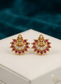 PUPAA Heritage Antique Gold Temple Lakshmi Medallion Stud Earrings with CZ Crescent & Kemp Halo Frame