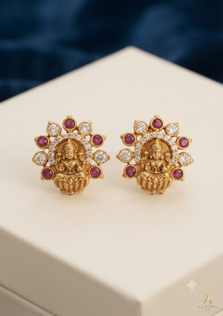PUPAA Heritage Antique Gold Temple Lakshmi Stud Earrings with CZ Inner Arch & Multi-Stone Sunburst Halo