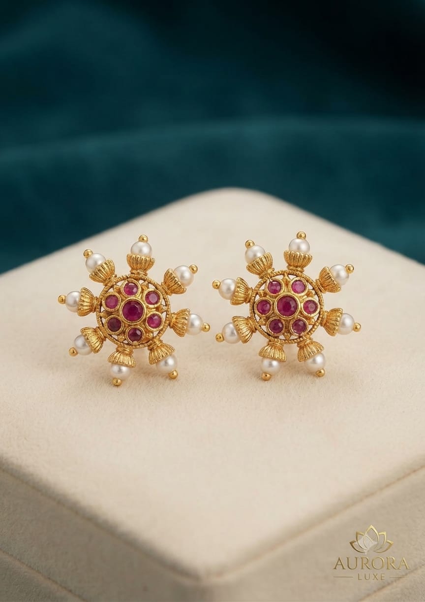 PUPAA Heritage Antique Gold Sunburst Floral Stud Earrings with Ruby Kemp Cluster & Pearl Radiance