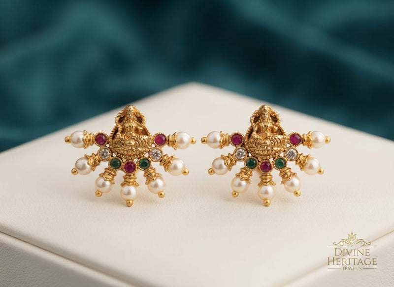 PUPAA Heritage Antique Gold Temple Lakshmi Fan Stud Earrings with Emerald Green Beads & Kemp Stones