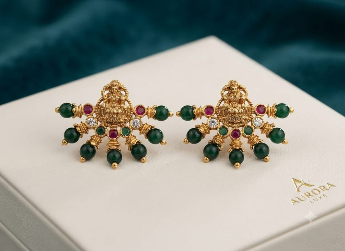 PUPAA Heritage Antique Gold Temple Lakshmi Fan Stud Earrings with Emerald Green Beads & Kemp Stones
