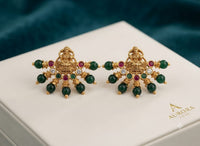 PUPAA Heritage Antique Gold Temple Lakshmi Fan Stud Earrings with Emerald Green Beads & Kemp Stones
