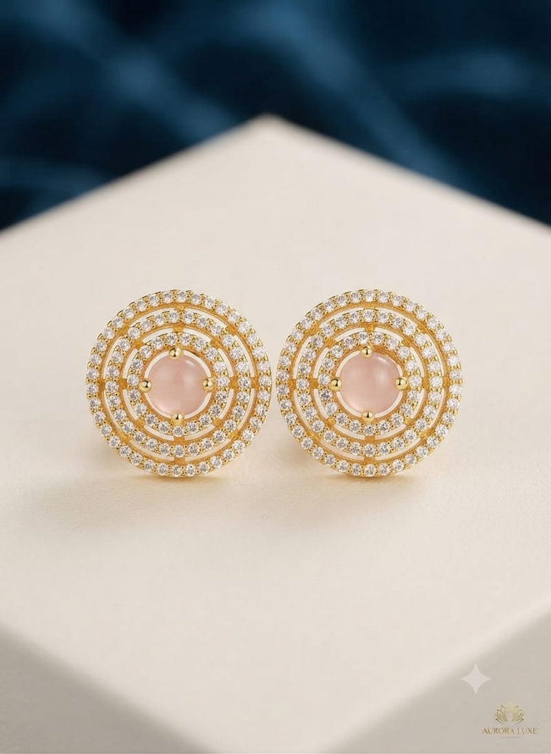 Concentric Multi-Halo Gemstone Stud Earrings – Gold Finish