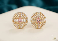 Concentric Multi-Halo Gemstone Stud Earrings – Gold Finish