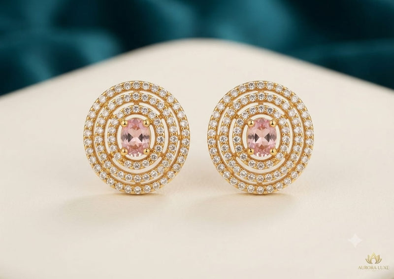 Concentric Multi-Halo Gemstone Stud Earrings – Gold Finish
