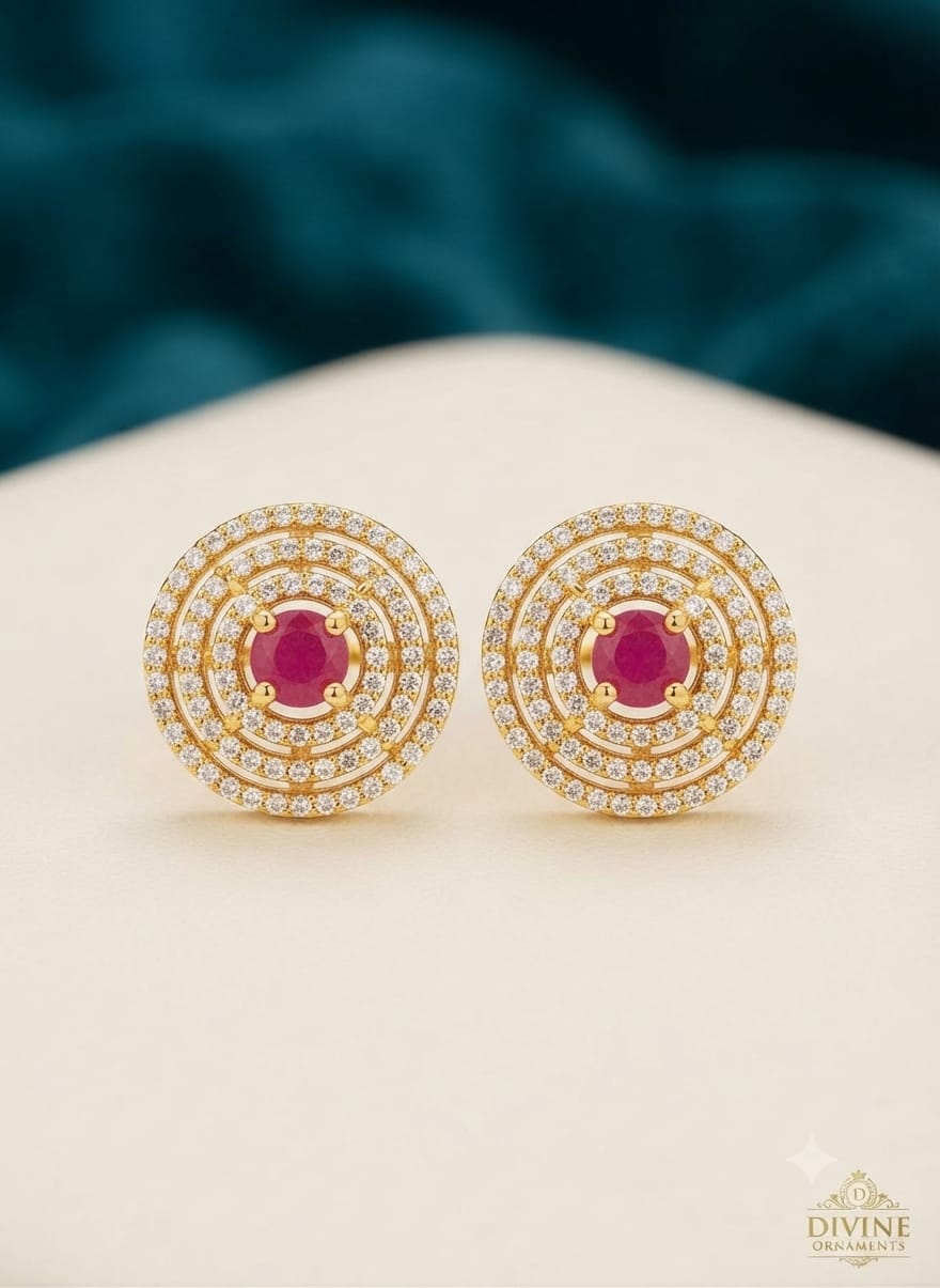 Concentric Multi-Halo Gemstone Stud Earrings – Gold Finish