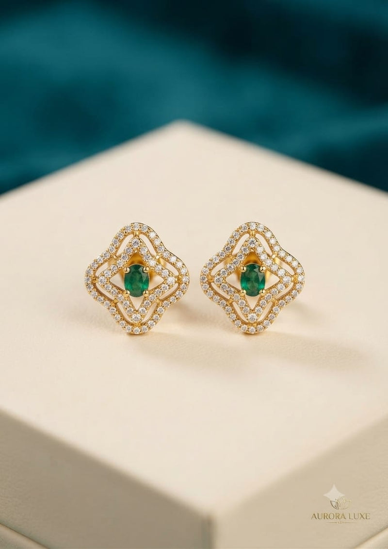 Aurora Luxe Geometric Quatrefoil Gemstone Stud Earrings – Gold Finish