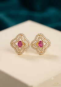 Aurora Luxe Geometric Quatrefoil Gemstone Stud Earrings – Gold Finish