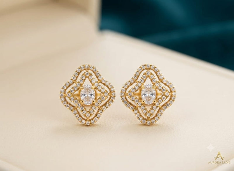 Aurora Luxe Geometric Quatrefoil Gemstone Stud Earrings – Gold Finish
