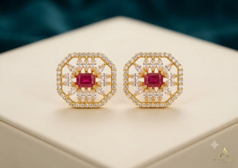 Aurora Luxe Octagon Starburst Gemstone Stud Earrings – Gold Finish