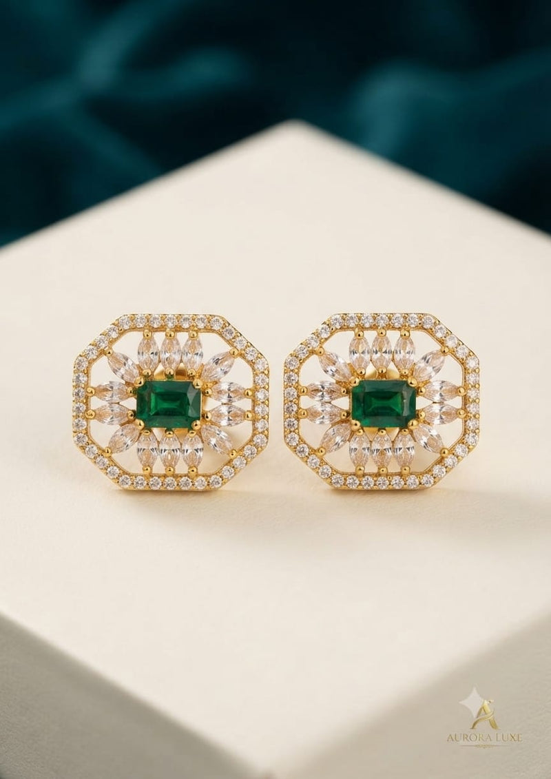 Aurora Luxe Octagon Starburst Gemstone Stud Earrings – Gold Finish