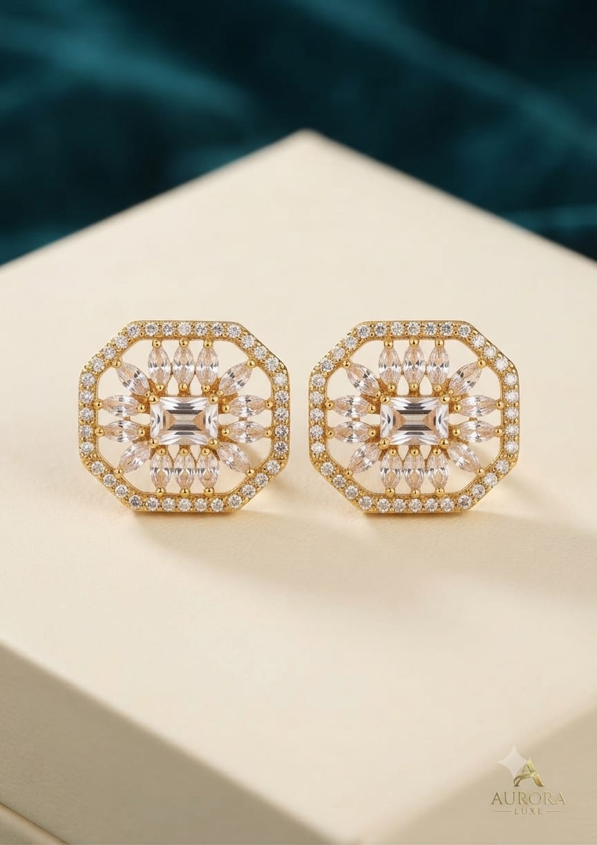 Aurora Luxe Octagon Starburst Gemstone Stud Earrings – Gold Finish