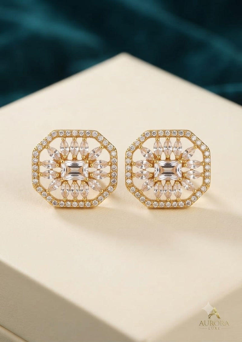 Aurora Luxe Octagon Starburst Gemstone Stud Earrings – Gold Finish
