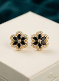 Aurora Luxe Floral Petal Halo Gemstone Stud Earrings – Gold Finish