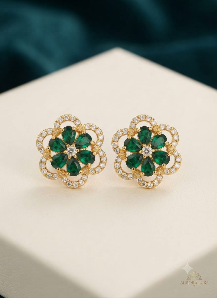 Aurora Luxe Floral Petal Halo Gemstone Stud Earrings – Gold Finish