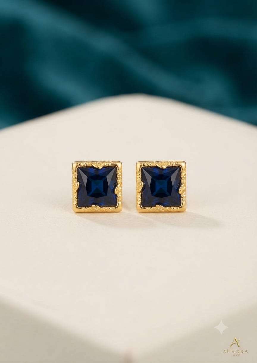 Aurora Luxe Square Gemstone Stud Earrings – Gold Bezel Solitaire Studs