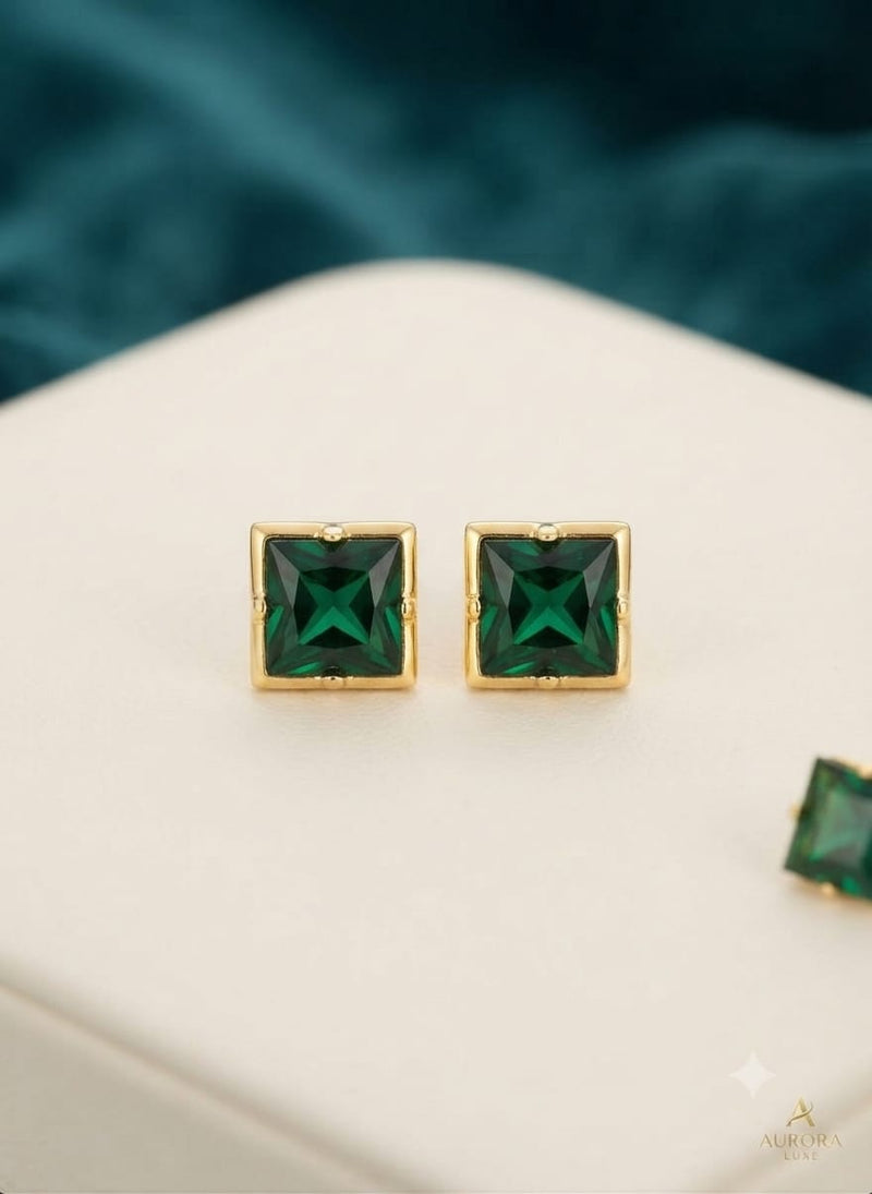 Aurora Luxe Square Gemstone Stud Earrings – Gold Bezel Solitaire Studs