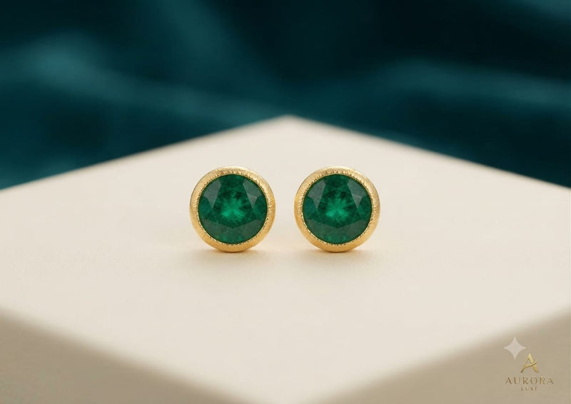 Aurora Luxe Round Gemstone & Pearl Bezel Stud Earrings – Classic Gold Solitaire Studs