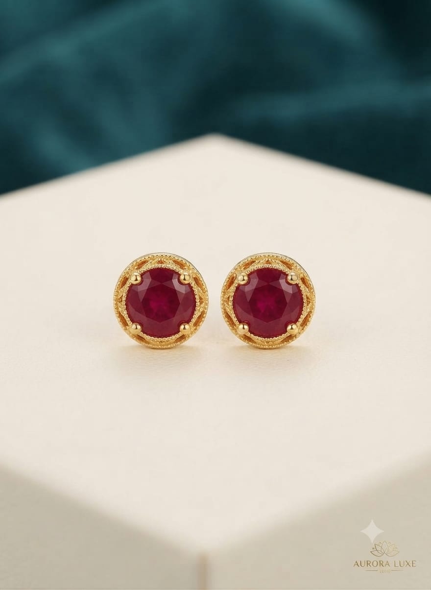 Aurora Luxe Round Gemstone & Pearl Bezel Stud Earrings – Classic Gold Solitaire Studs