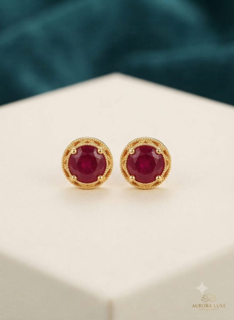 Aurora Luxe Round Gemstone & Pearl Bezel Stud Earrings – Classic Gold Solitaire Studs