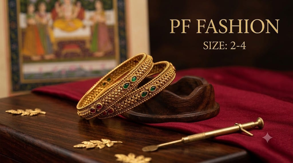Antique Gold-Plated Emerald & Ruby Studded Bangle Set (Set of 2)