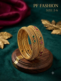 Antique Gold-Plated Emerald & Ruby Studded Bangle Set (Set of 2)
