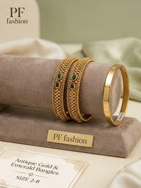 Antique Gold-Plated Emerald & Ruby Studded Bangle Set (Set of 2)
