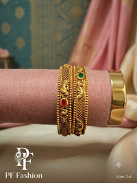 Traditional Antique Matt Gold Peacock Motif Stone-Studded Kangans