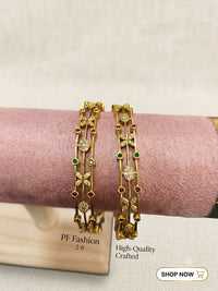 PF Fashion Delicate CZ Floral & Multi-Stone Gold-Plated Bangle Set
