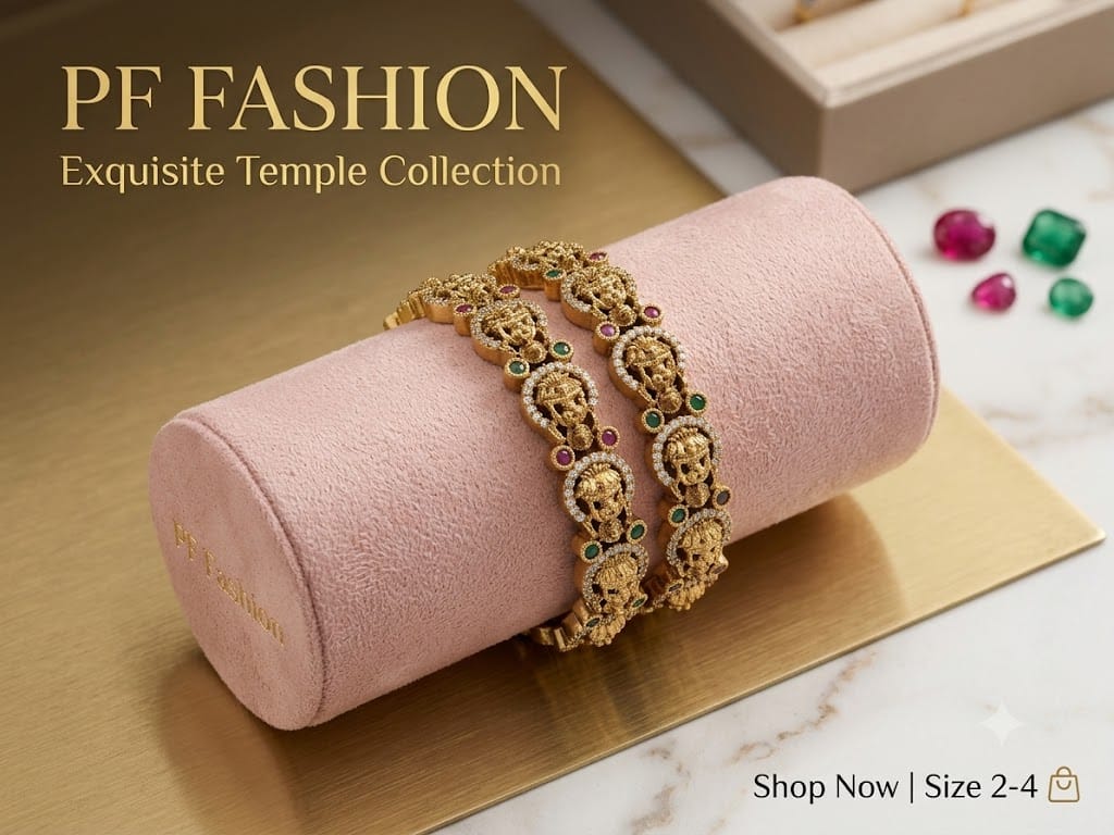 PF Fashion Antique Gold Goddess Lakshmi Temple Bangle Set with CZ & Kemp Stones