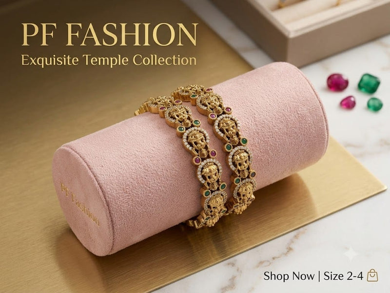 PF Fashion Antique Gold Goddess Lakshmi Temple Bangle Set with CZ & Kemp Stones