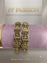 PF Fashion Antique Gold Goddess Lakshmi Temple Bangle Set with CZ & Kemp Stones