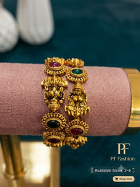 PF Fashion Antique Gold Ganesha & Lakshmi Temple Bangle Set with Gemstones