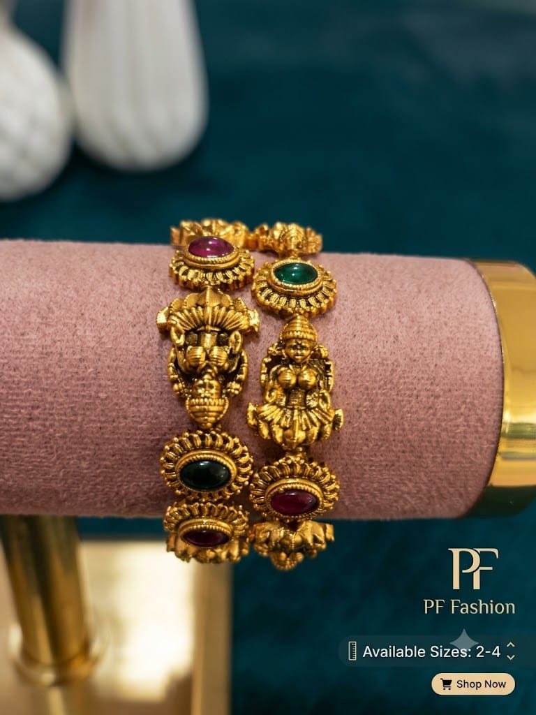 PF Fashion Antique Gold Ganesha & Lakshmi Temple Bangle Set with Gemstones