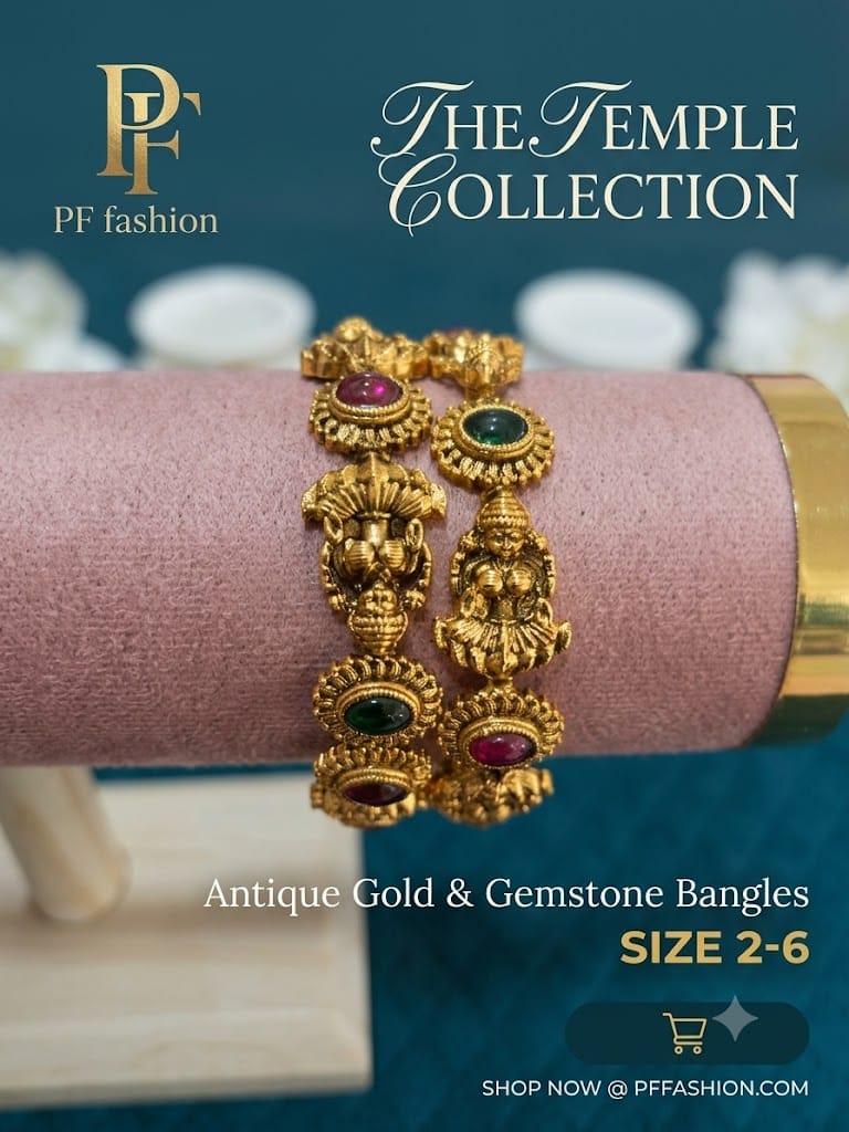 PF Fashion Antique Gold Ganesha & Lakshmi Temple Bangle Set with Gemstones