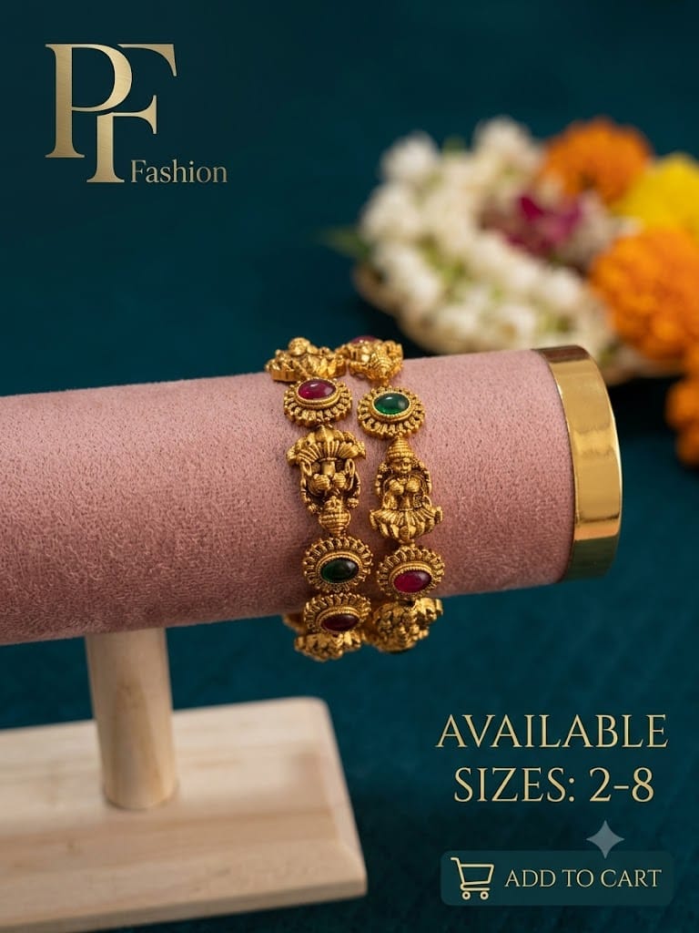 PF Fashion Antique Gold Ganesha & Lakshmi Temple Bangle Set with Gemstones