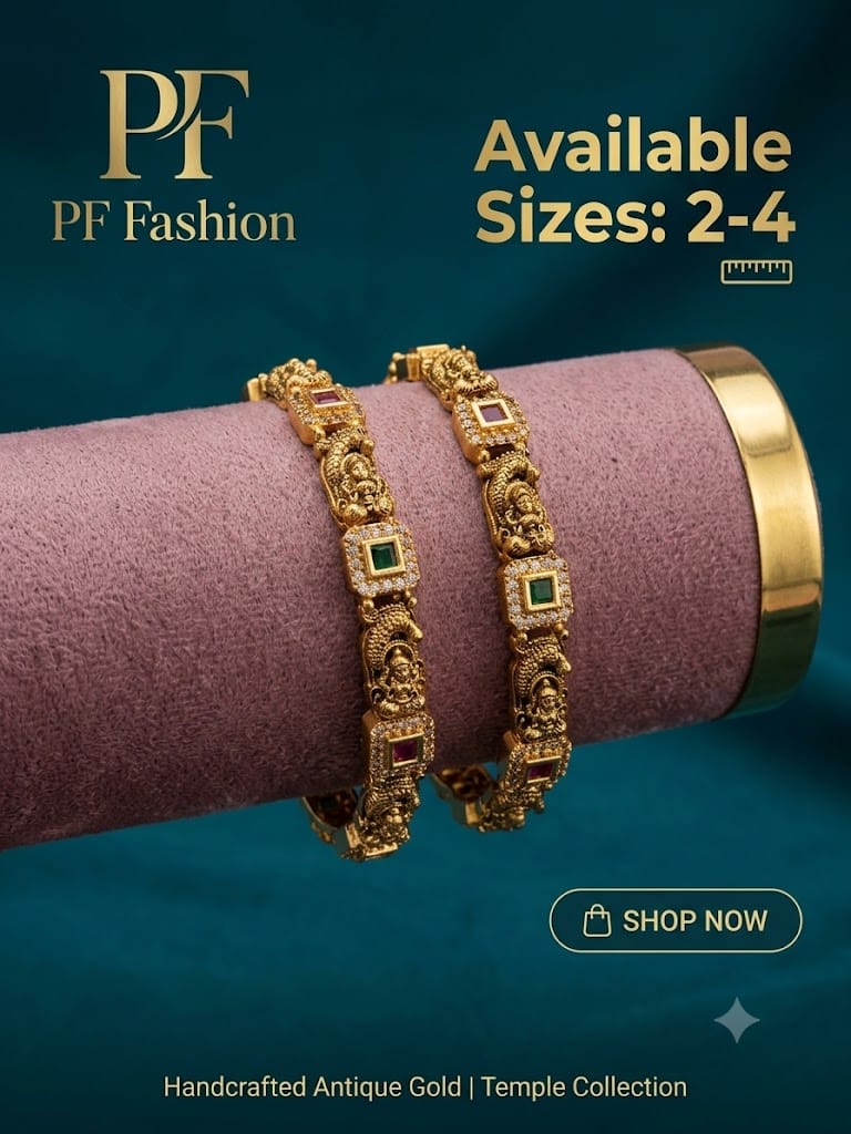 PF Fashion Handcrafted Antique Gold Goddess Lakshmi Temple Bangle Set with Square CZ Stones