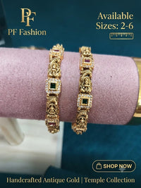 PF Fashion Handcrafted Antique Gold Goddess Lakshmi Temple Bangle Set with Square CZ Stones