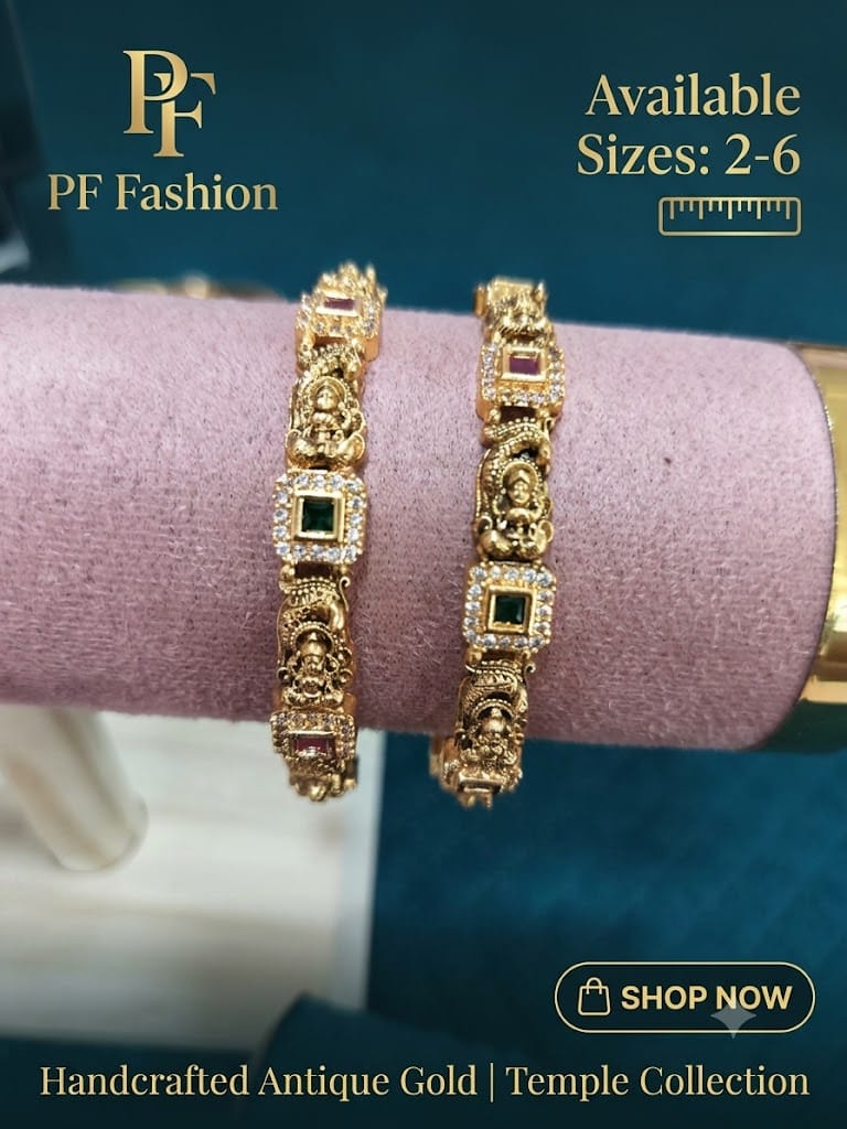 PF Fashion Handcrafted Antique Gold Goddess Lakshmi Temple Bangle Set with Square CZ Stones