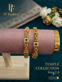 PF Fashion Handcrafted Antique Gold Goddess Lakshmi Temple Bangle Set with Square CZ Stones