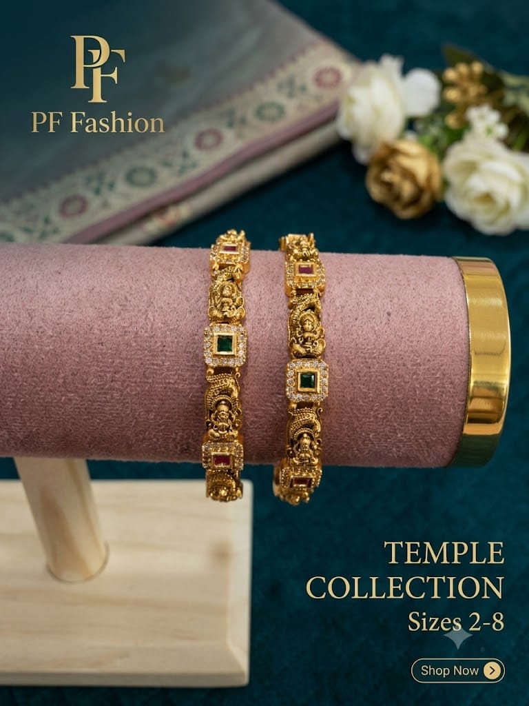 PF Fashion Handcrafted Antique Gold Goddess Lakshmi Temple Bangle Set with Square CZ Stones