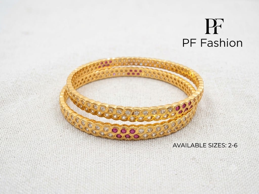 PF Fashion Sleek Dual-Row CZ Bangle Set with Ruby Pink Stone Accents