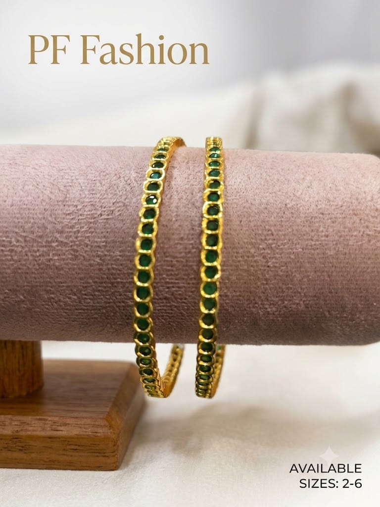 PF Fashion Green Gem Eternity Gold-Plated Bangle Pair