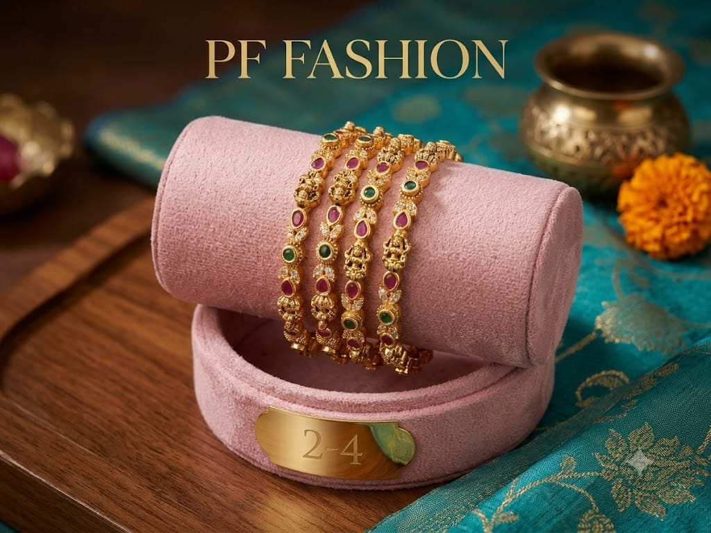 PF Fashion Antique Kundan & Ruby Emerald Gold-Plated Bangles (Set of 4)