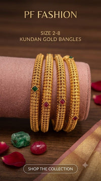 PF Fashion Textured Antique Gold Mesh Bangles with Ruby & Emerald Accent Stones (Set of 4)