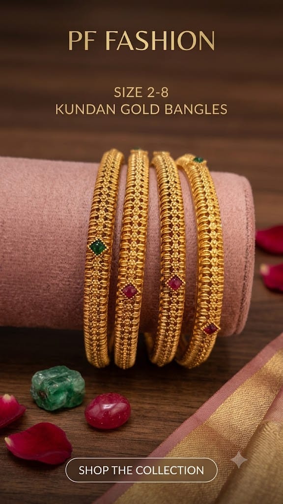 PF Fashion Textured Antique Gold Mesh Bangles with Ruby & Emerald Accent Stones (Set of 4)