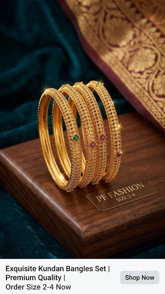 PF Fashion Textured Antique Gold Mesh Bangles with Ruby & Emerald Accent Stones (Set of 4)