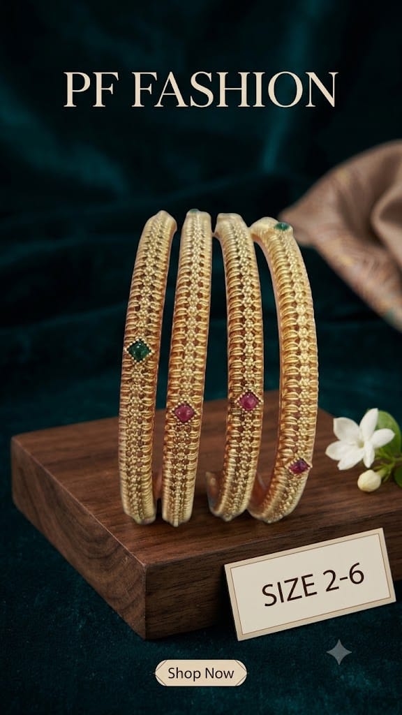 PF Fashion Textured Antique Gold Mesh Bangles with Ruby & Emerald Accent Stones (Set of 4)
